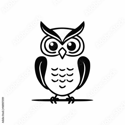 owl bird simple black line art image, Black bold outline vector icon, Bird vector illustration