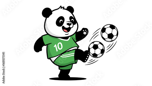 Panda Soccer Star: An adorable panda, dressed in a sporty jersey, expertly juggles three soccer balls, showcasing athleticism and playful enthusiasm in a vibrant display of talent.