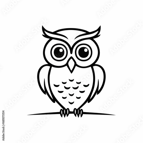 owl bird simple black line art image, Black bold outline vector icon, Bird vector illustration