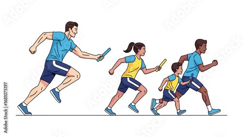 Relay Race Relay: A dynamic illustration of a relay race, featuring diverse individuals passing the baton in a spirited display of teamwork and athleticism.