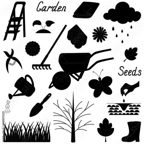 Garden collection. Silhouette. Vector illustration. Isolated white background. Cartoon. Hand plants a seed in the ground, tall grass, watering the garden from a watering can, cleaning rag.
