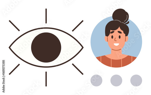Minimalist design featuring an eye symbol with radiating lines paired with a smiling user profile in a circle and three dots. Ideal for vision, focus, observation, awareness, identity, user profile