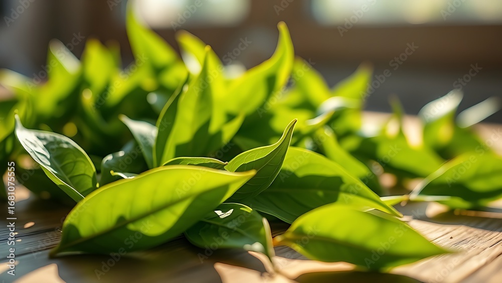 Fototapeta premium Close-up of fresh green tea leaves on wood with morning sunlight and soft bokeh effect.
