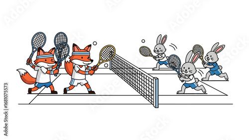 Furry Friends' Tennis Match: A vibrant illustration captures a lively tennis game, with anthropomorphic foxes and rabbits engaged in a friendly competition on the court, showcasing teamwork and fun.
