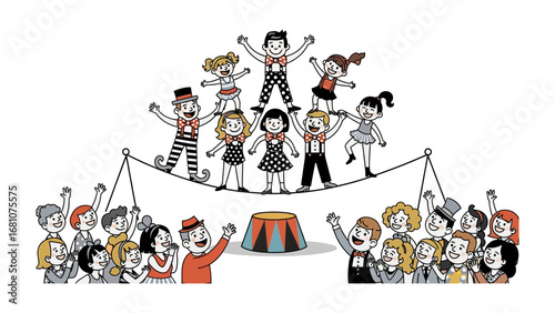 Children in a circus: A colorful cartoon illustration of children performing daring acts in a playful circus setting, showcasing their teamwork and acrobatic skills in a fantastical realm.