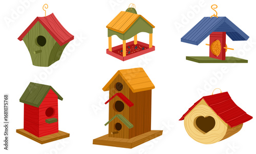 Cartoon wooden bird houses isolated on white background vector set. Cute diffirent bird home hand drawn flat illustration. Colourful shelter for birds.