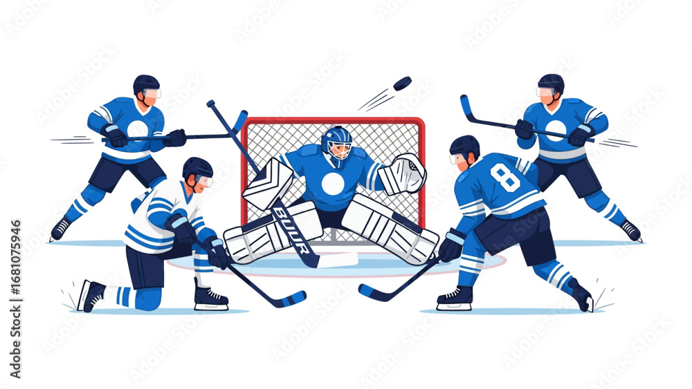 Obraz premium Ice Hockey Showdown: A dynamic illustration capturing the intensity of an ice hockey game, featuring players in action, with a net, puck, and the thrill of the sport.