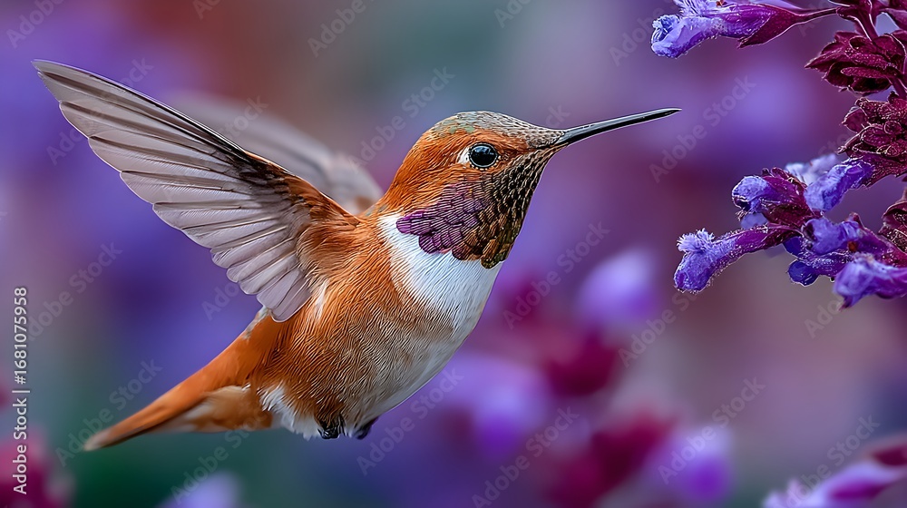 Fototapeta premium A vibrant rufous hummingbird with wings spread approaches delicate purple flowers in a garden scene outdoors.