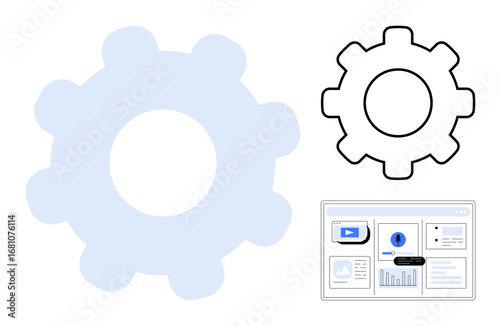 Large translucent gear, outlined gear, and interface screen with graphs and data visuals. Ideal for automation, workflow, technology, productivity, innovation engineering software. Simple flat