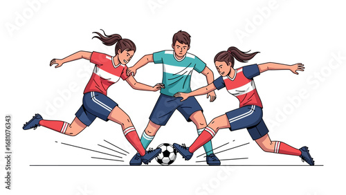 Soccer Game Tactics: Dynamic graphic illustration showcases the intensity of a soccer game, capturing the action and strategic positioning of players battling for possession of the ball.