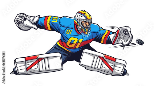 Hockey Goalie's Defense: A determined hockey goalie in vibrant uniform, skillfully guarding the net against a hockey puck. The illustration captures the intensity and agility of the sport.