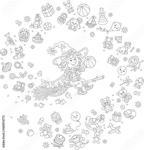 Happy little witch with a big hat and a starry cloak flying on her magical broom and scattering toys for small children, black and white vector cartoon illustration for a coloring book