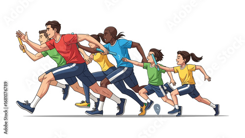 Relay Race Momentum: A dynamic relay race scene is depicted in this photorealistic rendering, with focused athletes running in sync, illustrating the spirit of competition and collaborative effort. 