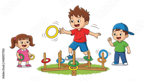 Ring Toss Games: Capture the joyous moment of children participating in a ring toss game, exemplifying friendly competition and joyful childhood moments.
