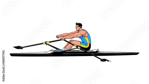 Athlete Rowing on a sleek scull: An illustrated athletic individual single-handedly navigates a slender, expertly crafted scull with precision and grace, showcasing skill, strength.