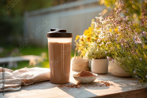 Healthy Protein Shake with Powder and Fresh Flowers in Soft Natural Light