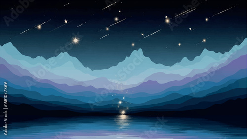 Starry night sky with numerous shooting stars streaking across a layered mountain range silhouette, reflected in calm water below