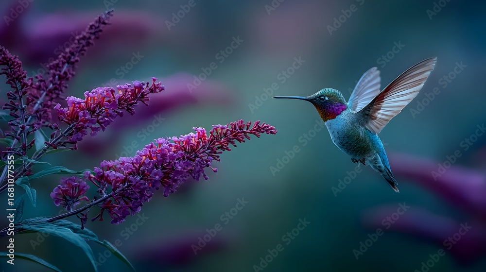 Fototapeta premium A vibrant hummingbird hovers midair, reaching for nectar from a beautiful, blooming purple flower branch.