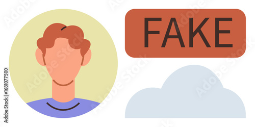 Profile representation next to fake label and cloud. Ideal for authentication, identity issues, online fraud, misinformation, cybersecurity, social media representation, simple flat metaphor