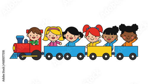 Choo-Choo Adventure: Joyful kids embark on an imaginary train ride, filled with laughter and excitement, as they wave hello to the world, symbolizing the delight of journeying together.