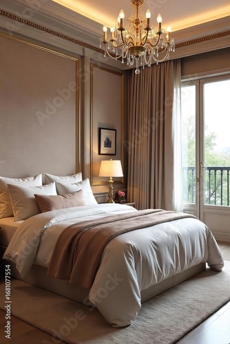 Opulent master suite boasts plush bedding, a stunning chandelier, and a luxurious ensuite bathroom, creating a serene and sophisticated atmosphere , window, furniture