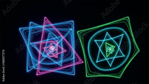 Two abstract geometric neon light shapes, one pink and blue, the other green and blue, against a black background, creating a futuristic and vibrant visual effect