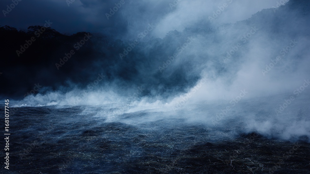 Obraz premium The vast expanse of pitch-black land, from which white smoke rises, creates a strong atmosphere of mystery and intrigue, suitable for visual storytelling or art installation design.