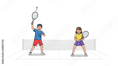 Tennis Match: Young tennis players showcase a sporty interaction on the court, engaged in an exciting display of skill and teamwork. Capturing the enthusiasm of sport.