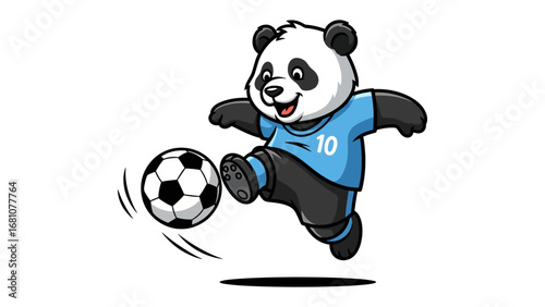 Panda Kicks the Ball: A cute panda wearing blue jersey kicks soccer ball, filled with dynamic energy and youthful spirit. Perfect for sports and playful themes.