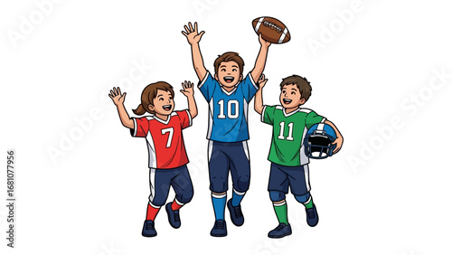 Youthful Sports Celebration: A trio of children, clad in vibrant sports uniforms, revel in a moment of triumph, their enthusiasm palpable as they hold aloft the emblems of their victory.