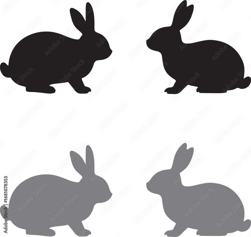 Fototapeta premium Rabbit Silhouette Icon Set Black And White Vector Illustration