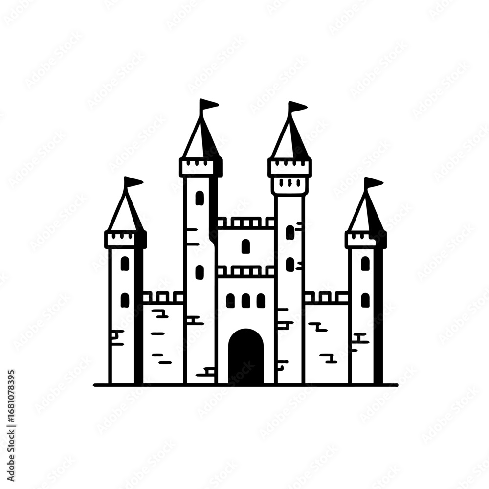 Fototapeta premium Castle vector illustration. Medieval European castle vector. Black and white royal castle. Line art 