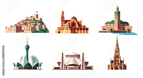 Global travel and architecture icons, a flat vector illustration set of famous international landmarks and historic monuments isolated on a white background