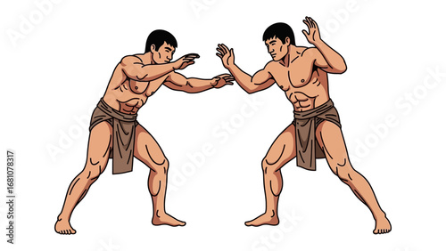 Ancient Warriors in Combat: Witness the intensity of the age-old tradition of combat, two athletic warriors engaging in a dynamic grappling match. A testament to strength, strategy, and human form.