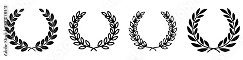 Laurel wreath vector illustration set. Laurel wreath with olive leaves. Black and white line illustration of roman greek laurel wreath. Line art	