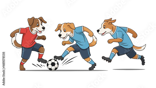 Dogs Playing Soccer: Energetic cartoon dogs engage in a lively soccer game, displaying teamwork, skill, and sportsmanship. Witness their playful interaction and the excitement of the match.