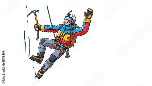 Mountain Climber's Ascent: A determined mountain climber scaling a sheer rock face, equipped with ice axe and protective gear.