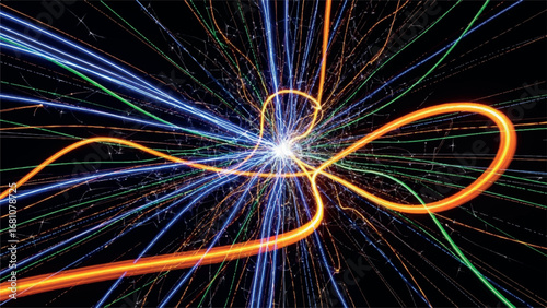 Explosion of colorful light trails and streaks emanating from a central point, symbolizing energy, speed, and dynamism