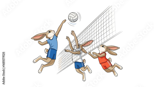 Playful Bunny Volleyball Match: A dynamic illustration captures a lively game of volleyball, where energetic bunnies showcase their athletic skills against a vibrant backdrop.