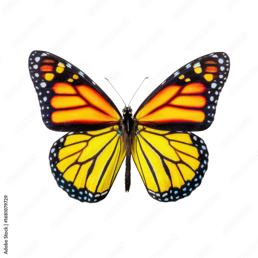 Fototapeta premium Vibrant Monarch Butterfly with Striking Orange and Yellow Wings Isolated on White Background