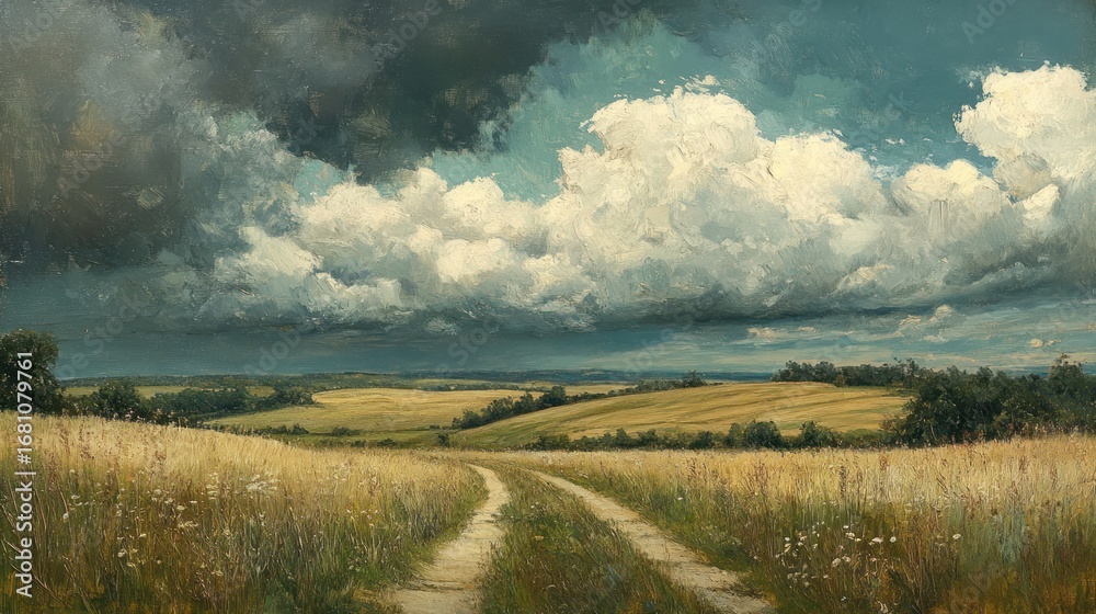 Obraz premium Rural landscape, dramatic sky, path, countryside, summer