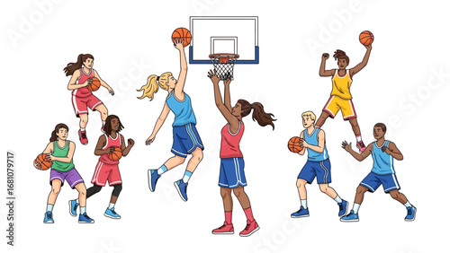 Basketball Action: A dynamic illustration captures the heart-pounding thrill of basketball. The scene is filled with energy and teamwork. showcasing the strength and passion of the sport.