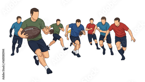 Rugby Players in Action: A dynamic illustration captures the essence of a rugby match, with determined players sprinting across the field, the focus on teamwork, athleticism.