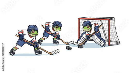 Frog Hockey Showdown: A dynamic illustration of cartoon frog characters passionately engaged in a hockey match, complete with puck, goal, and spirited competition.