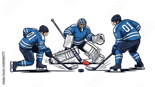 Ice Hockey Showdown: A dynamic illustration showcases a riveting ice hockey match, where two players, poised for action with their sticks, confront the determined goalie who guard the goal.