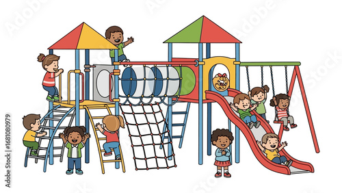 Playground Joy: a whimsical illustration showing a lively playground filled with children of diverse backgrounds happily engaged in play. Witness the delight of exploration and companionship.
