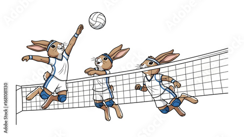 Volleyball Bunnies: Playful illustration features anthropomorphic bunnies passionately engaged in a game of volleyball. The bunnies are captured in dynamic poses.
