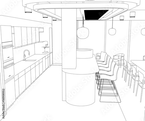 Kitchen area contour sketch with table and chairs, wash basin platform, cupboards, and hanging ceiling lights.
