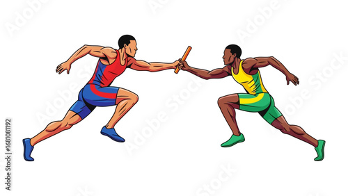 Race Relay: A graphic illustration of the crucial baton exchange in a relay race, capturing the energy and teamwork of athletes at the moment of transition.