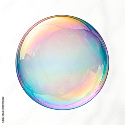 Soap bubble with iridescent film colors and thin rim, nearly spherical and centered, isolated on transparent background.